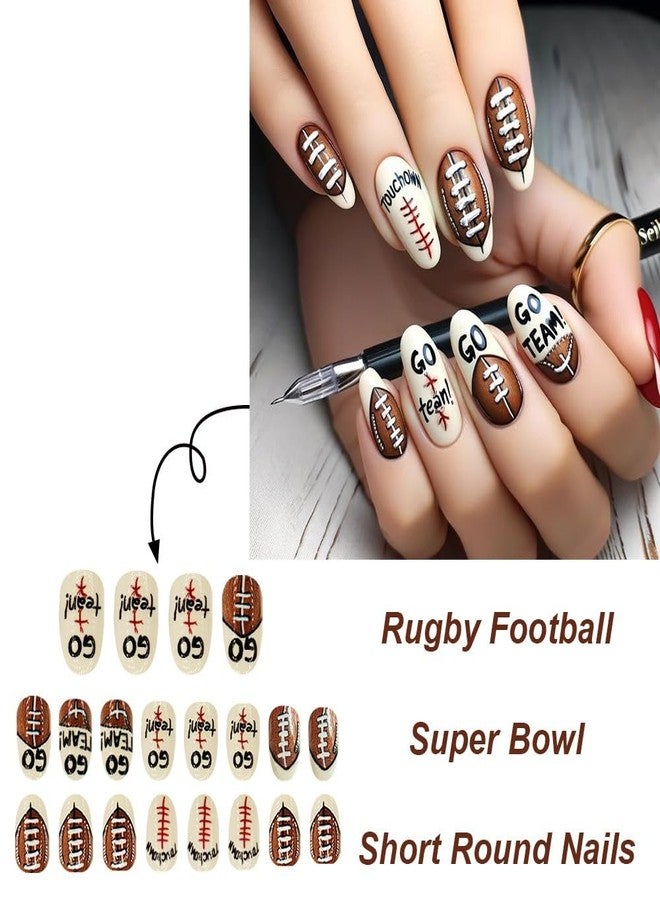 HJKDSFD Cute Rugby Press on Nails Short Oval Fake Nails Glossy Football Designs Acrylic False Nails Full Cover Holiday Stick on Nail French Short Glue on Nails for Women Girls 24Pcs - Image 2